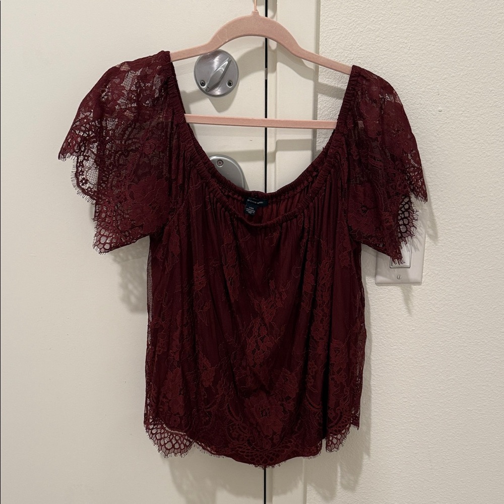 Chic Burgundy Lace Blouse Off the shoulder